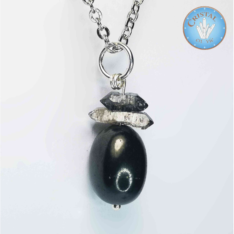 Pendente in shungite, pietra naturale lucida proveniente dalla Russia e diamanti Herkimer in pietre grezze.