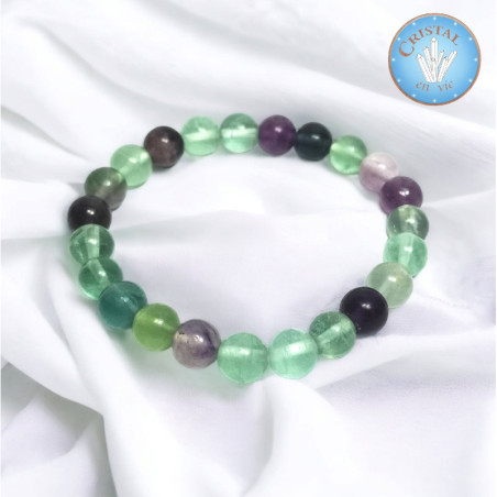 Pulsera de Fluorita, piedras naturales multicolores en tonos verde, violeta a rosa, bolas pulidas de 8 mm.