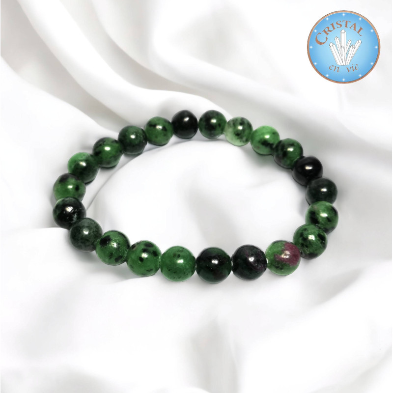 Bracelet en Rubis sur ZoÏsite, pierres naturelles de couleur vert pâle à bleu-vert, boules polies de 8mm.