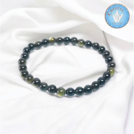 Bracelet en Obsidienne d'or, Pierres naturelles polies de couleur noir avec reflets dorés, boules de 5-6mm.