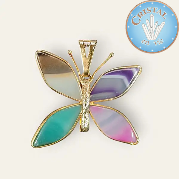 Pendentif Papillon en Agate naturelle et teintée, pierre de couleur vert, rose, violet, blanc et marron, avec monture plaqué or.