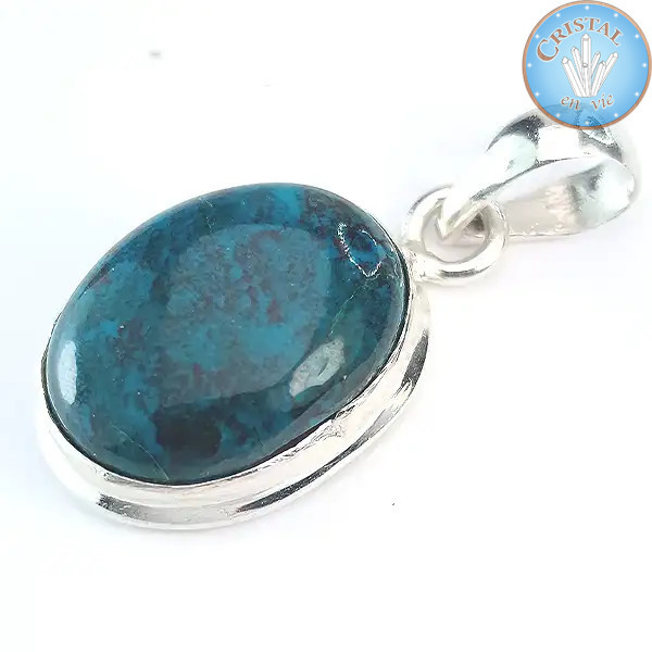 Colgante de crisocola, piedra natural verde con tonos azules, engastada en plata de ley 925.