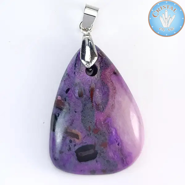 Pendentif en Sugilite, pierre naturelle polie, pierre naturelle de couleur violet et pourpre, avec bélière en argent.