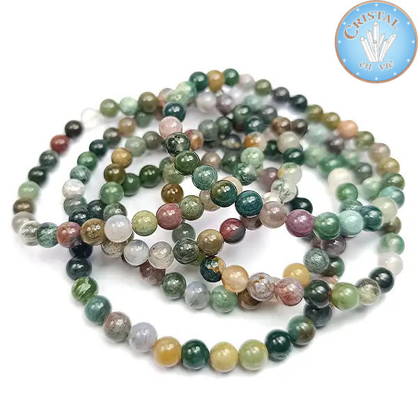 Bracelet en Agate indienne, pierre naturelle. Perles de 6mm multicolores, couleur vert, beige, crème, parfois rose et jaune.