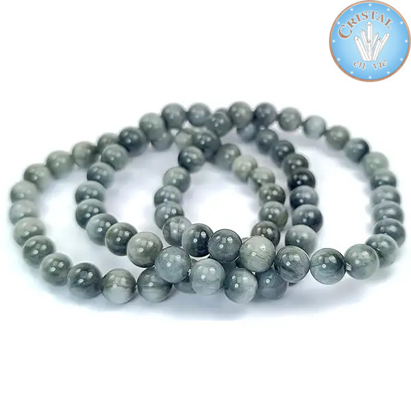 Grijze toermalijn kattenoog armband, 8 mm kralen, zeldzame en glanzende natuursteen, voor man en vrouw.
