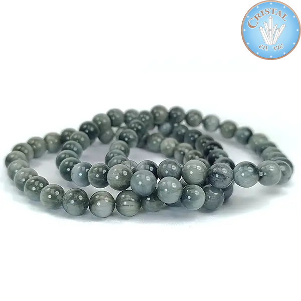 Bracciale in tormalina grigia occhio di gatto, perle da 8 mm, pietra naturale rara e lucente, per uomo e donna.