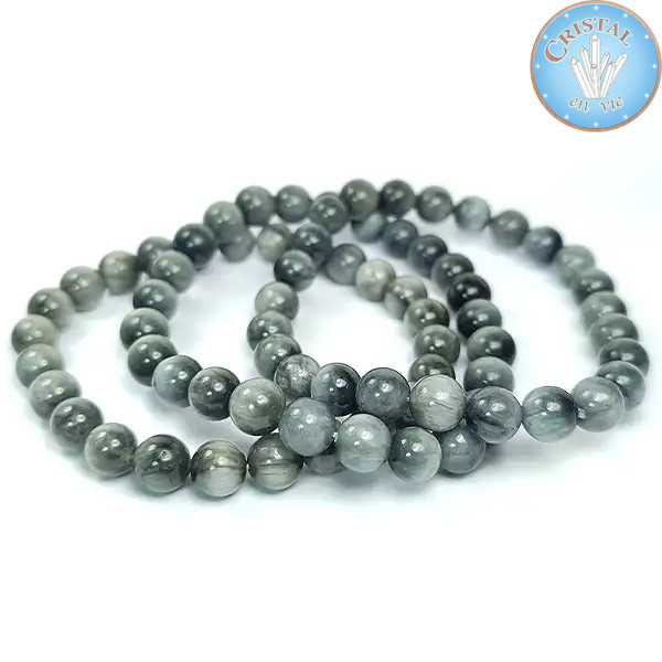 Grey tourmaline cat’s eye bracelet, 8 mm beads, rare and shimmering natural stone, for men and women.