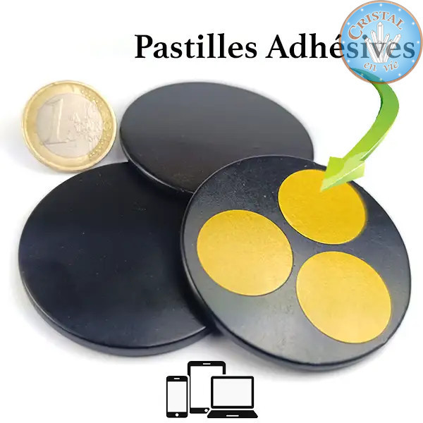 Placa de SHUNGITE polida em forma de disco. Diâmetro de 5 cm. Para telemóvel, computador, tablet.