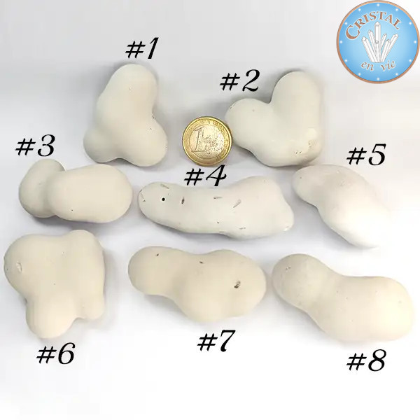 8 Pietre delle Fate (Opale Menilite, Fairy Stone). Pietre bianche e beige con forme arrotondate. Taglia 2: da 4 cm a 7 cm.