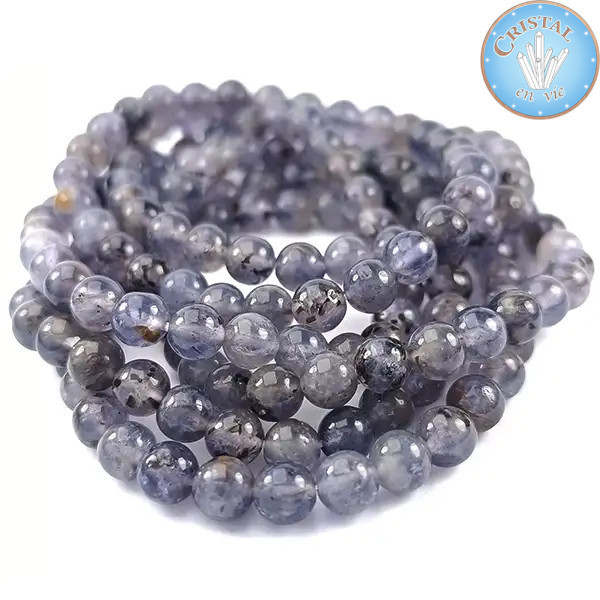 Bracciali in Iolite (Cordierite), perle in pietra naturale da 6 mm, colore blu e blu-grigio con inclusioni nere.