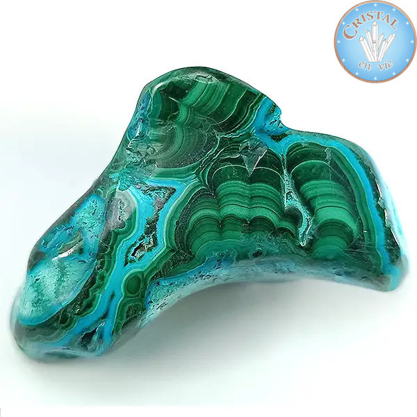 Chrysocolla–Malachiet, natuurlijk gepolijste steen in blauw-, groen- en turkoois­tinten. Steen nr. 1