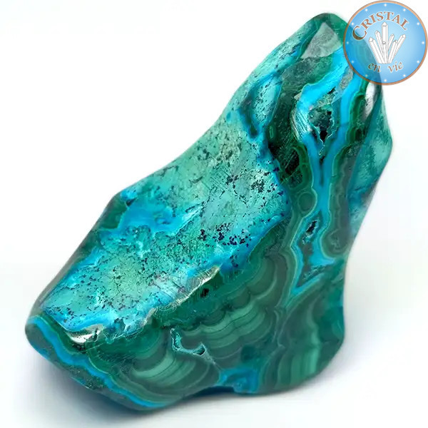 Chrysocolla–Malachiet, natuurlijk gepolijste steen in blauw-, groen- en turkoois­tinten. Steen nr. 1