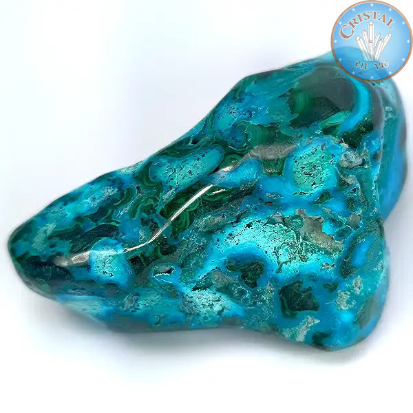 Crisocola–Malaquita, pedra natural polida em tons de azul, verde e turquesa. Pedra n.º 1