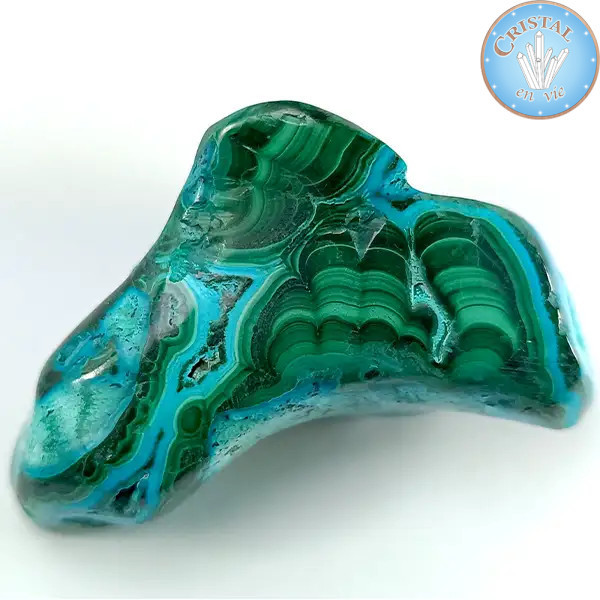 Crisocolla–Malachite, pietra naturale lucidata nei toni del blu, del verde e del turchese. Pietra n° 1