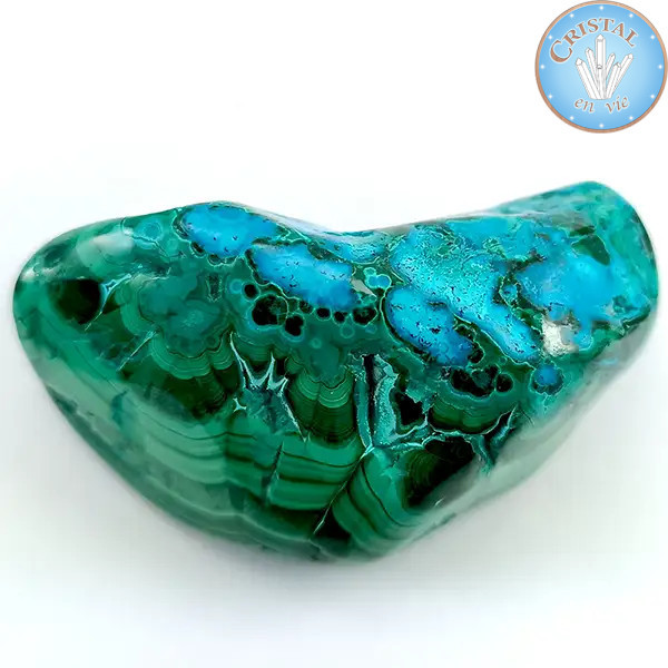 Chrysocolla–Malachiet, natuurlijk gepolijste steen in blauw-, groen- en turkoois­tinten. Steen nr. 2