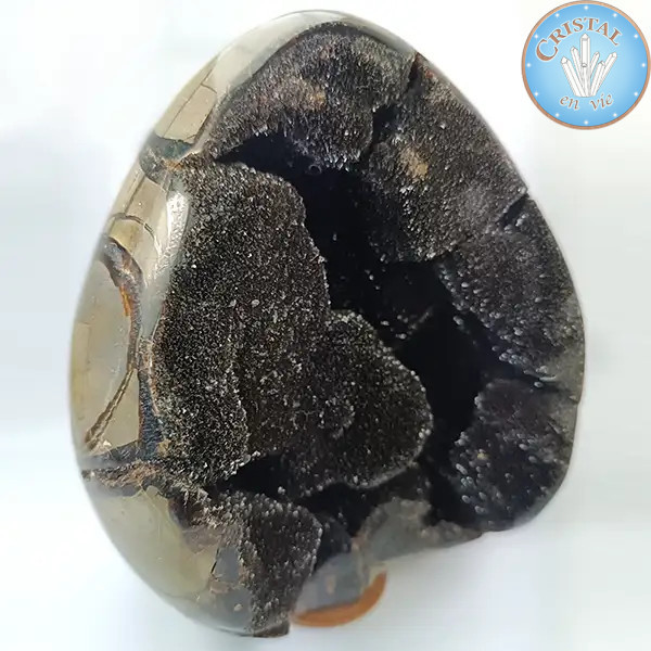 Geode a forma di uovo di Septaria selvatica, detta Pietra del Drago. Pietra naturale cristallizzata marrone, beige e giallo.