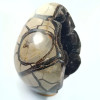 Geode a forma di uovo di Septaria selvatica, detta Pietra del Drago. Pietra naturale cristallizzata marrone, beige e giallo.