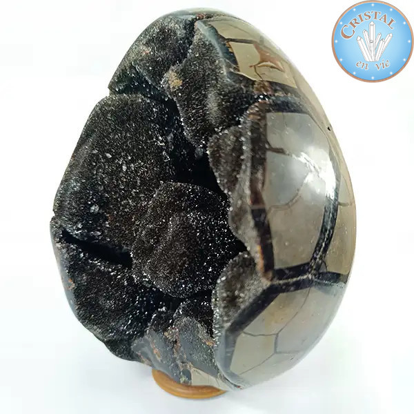 Geode a forma di uovo di Septaria selvatica, detta Pietra del Drago. Pietra naturale cristallizzata marrone, beige e giallo.