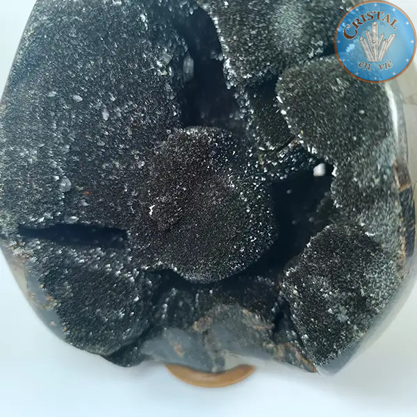 Geode a forma di uovo di Septaria selvatica, detta Pietra del Drago. Pietra naturale cristallizzata marrone, beige e giallo.