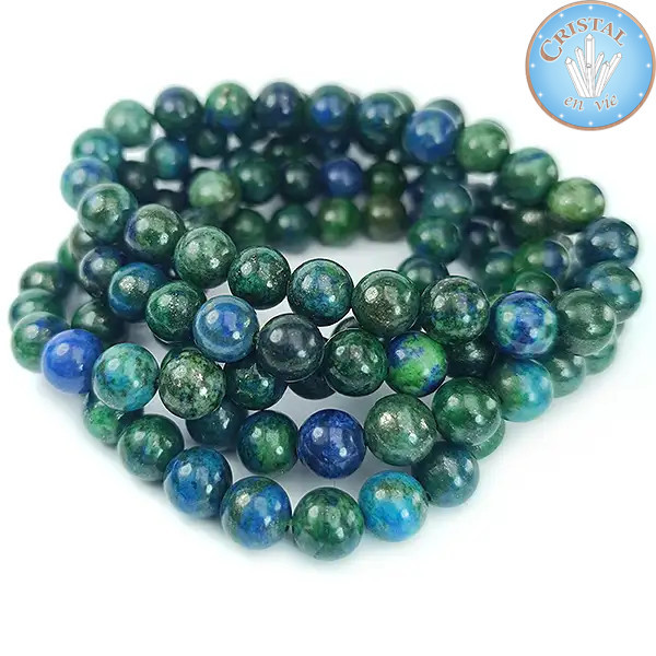 Malachit-Azurit-Armband mit polierten 8-mm-Perlen aus Naturstein in grünen und blauen Farben
