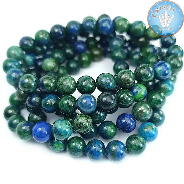 Pulseira de Malaquita-Azurita com contas polidas de 8 mm em pedra natural nas cores verde e azul
