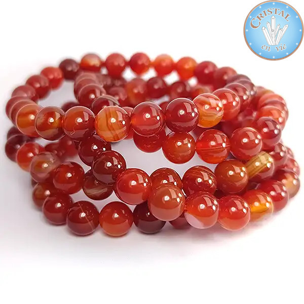 Bracciale in Agata rossa con perle lucide da 8 mm in pietra naturale dai colori rosso-aranciati