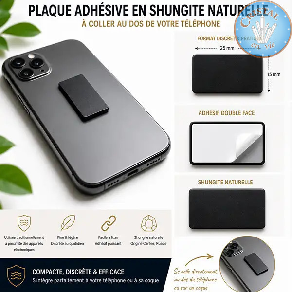 Placa adesiva de Shungite para telemóvel. Pedra natural preta autocolante, formato retangular.