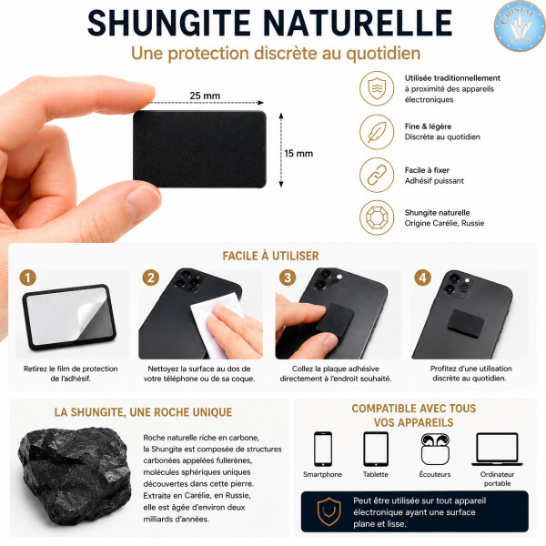 Selbstklebende Shungit-Platte für Mobiltelefon. Natürlicher schwarzer Stein mit Klebefläche, rechteckige Form.